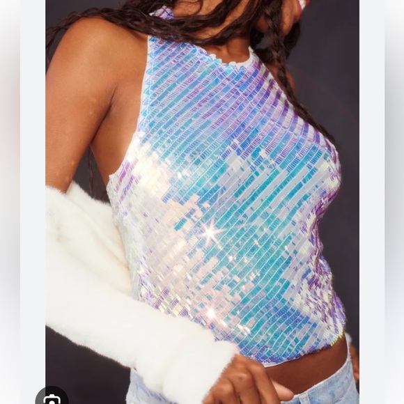 NEW FREE PEOPLE INTIMATELY DISCO FEVER SEQUIN AQUA PINK CAMI TOP MEDIUM - Picture 2 of 13